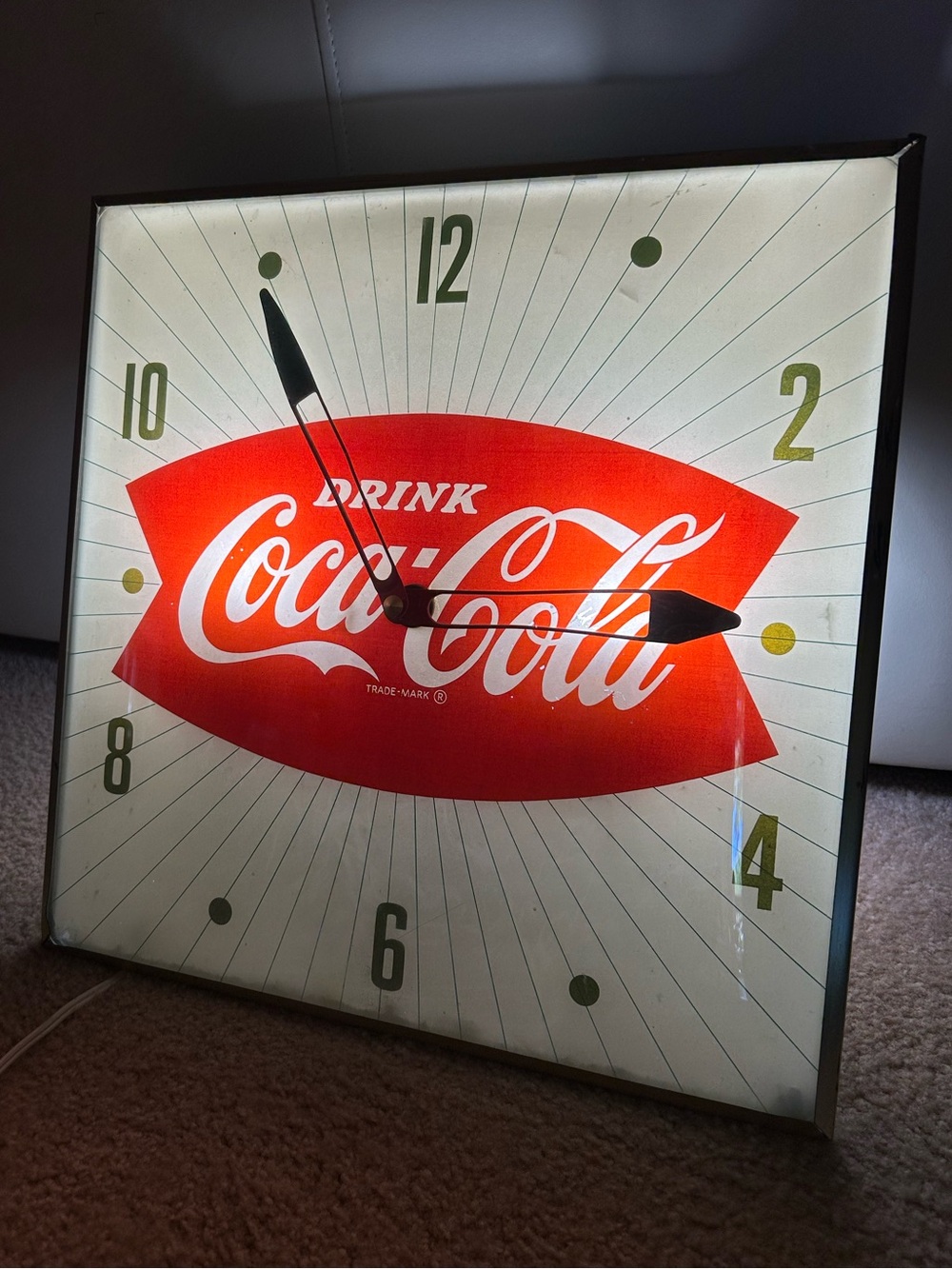 Vintage 1950s Coca-Cola Light Up PAM Square Bubble Glass Wall Clock